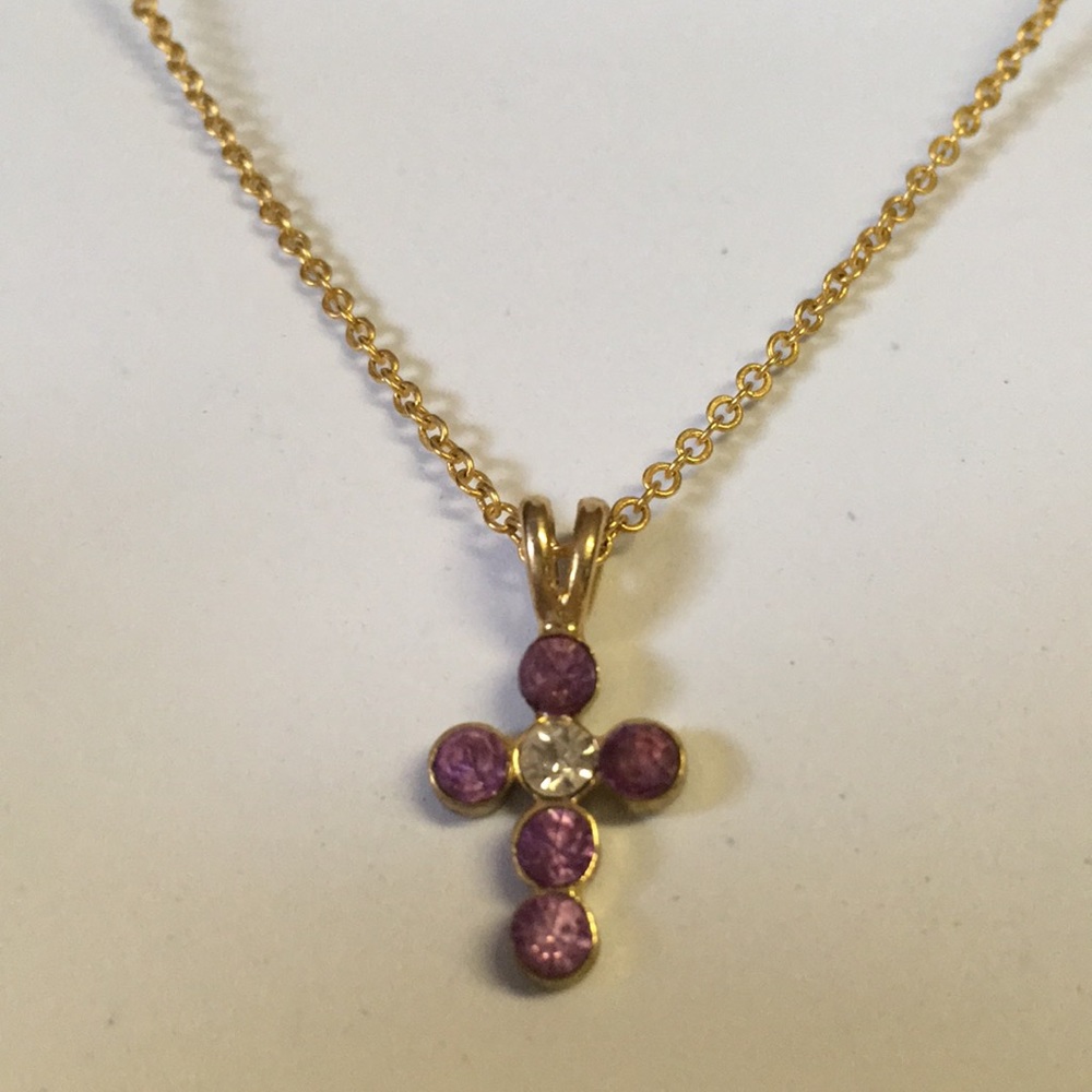 Purple Rhinestone cross on gold chain